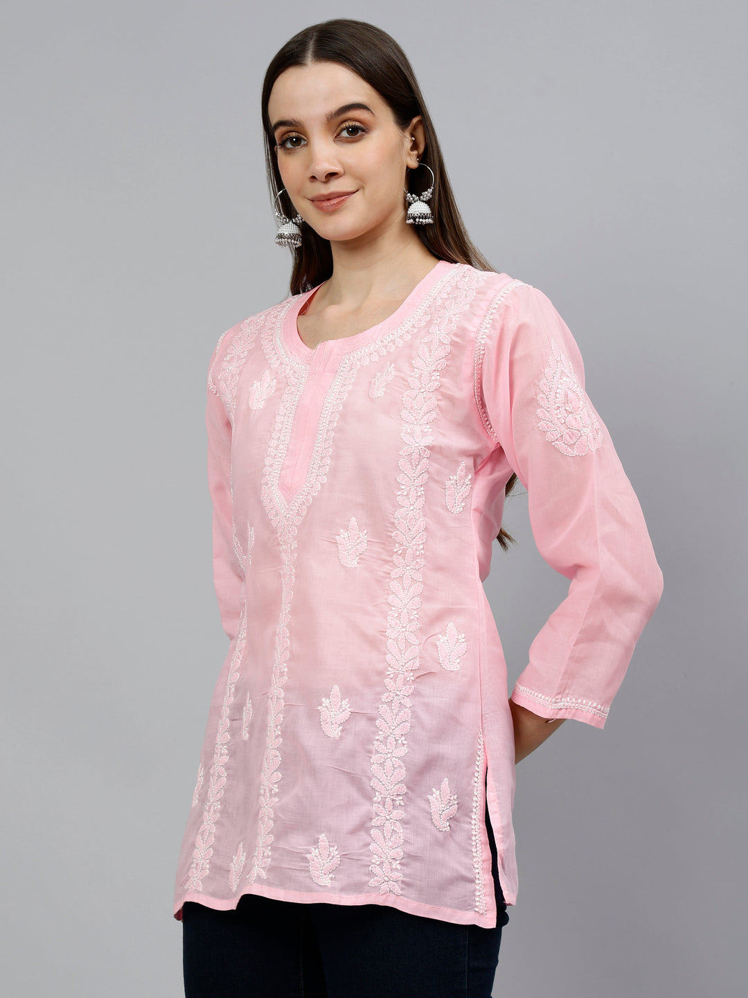 Pink Terivoil Cotton Lucknowi Chikankari Short Tunic