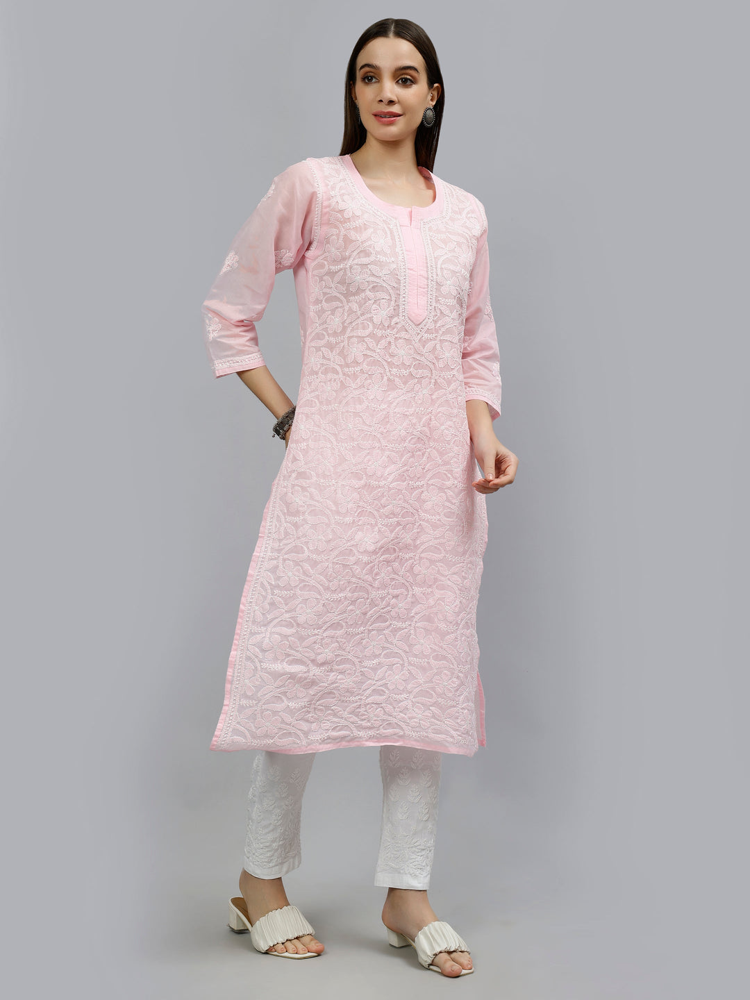 Pink-Terivoil-Hand-Embroidered-Lucknowi-Chikankari-Kurti