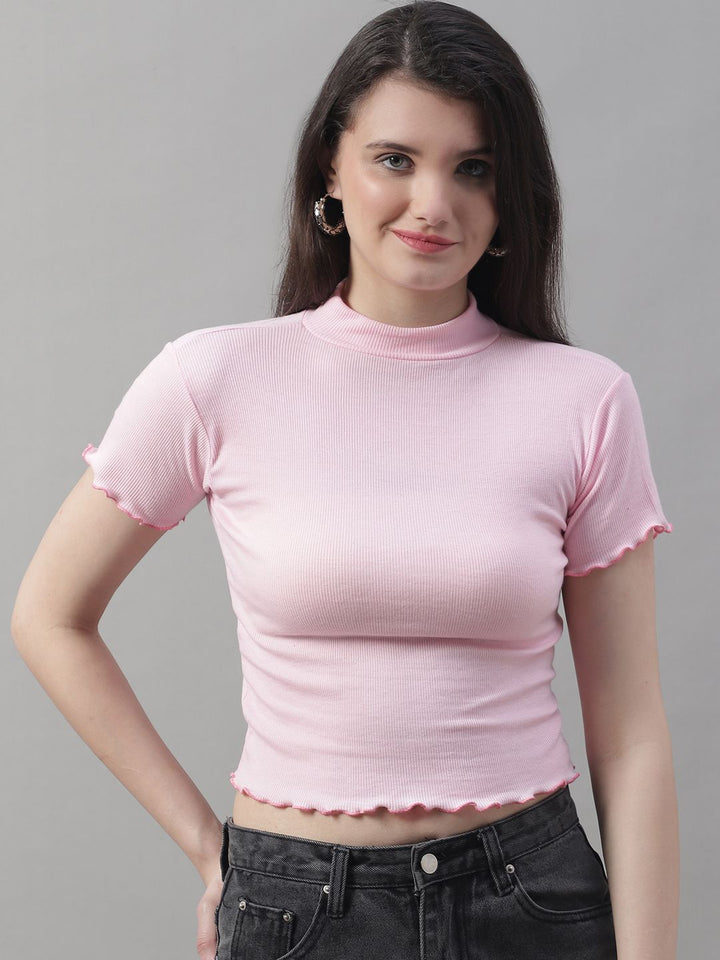 Pink Turtle-Neck Crop Top with Lettuce Edge