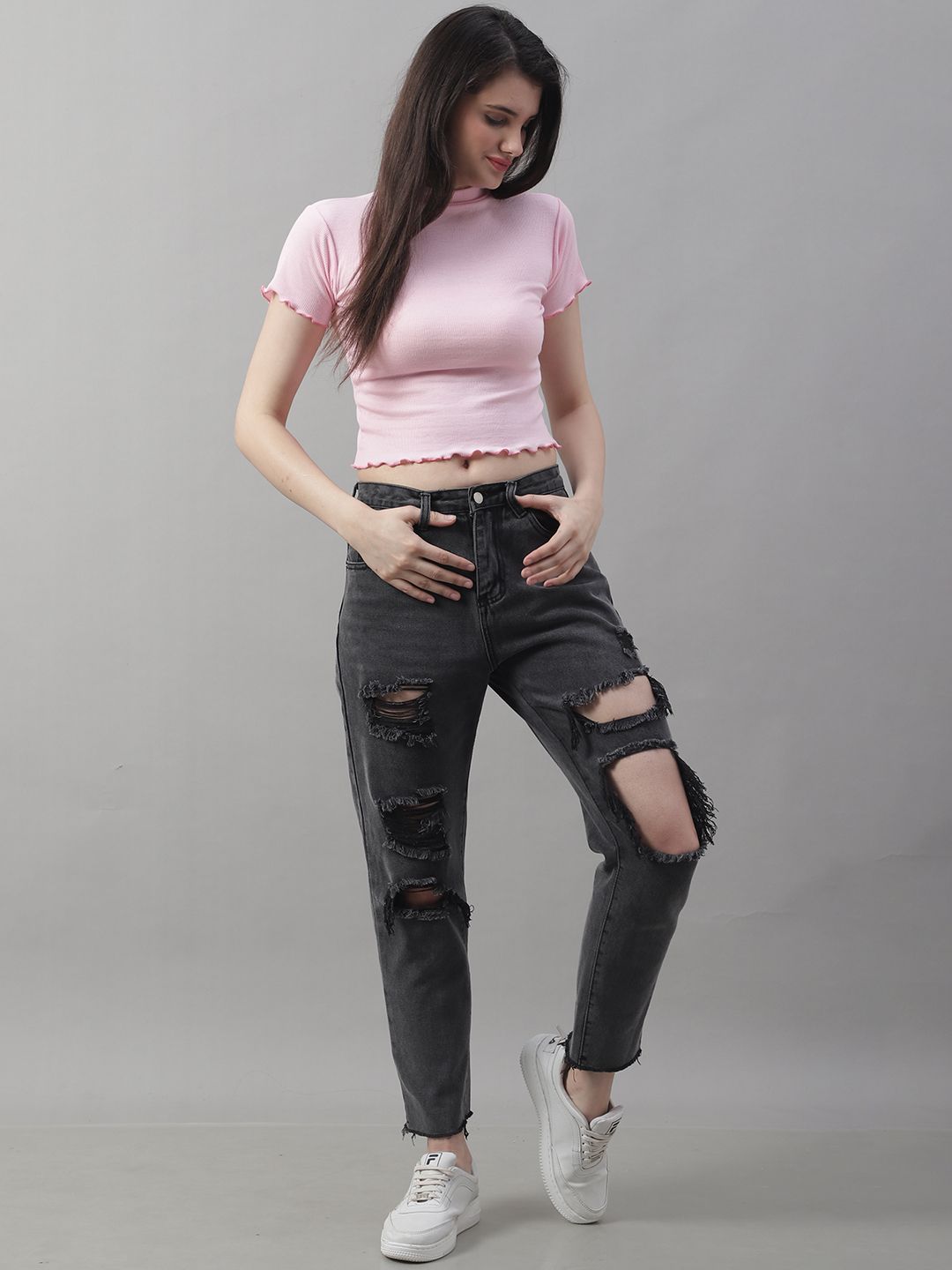 Pink Turtle-Neck Crop Top with Lettuce Edge
