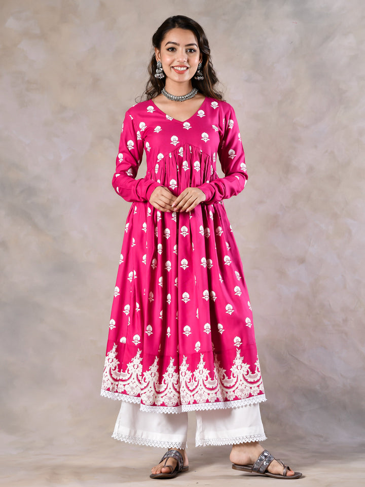 Pink-Viscose-Front-Gathered-V-Neckline-Kurta