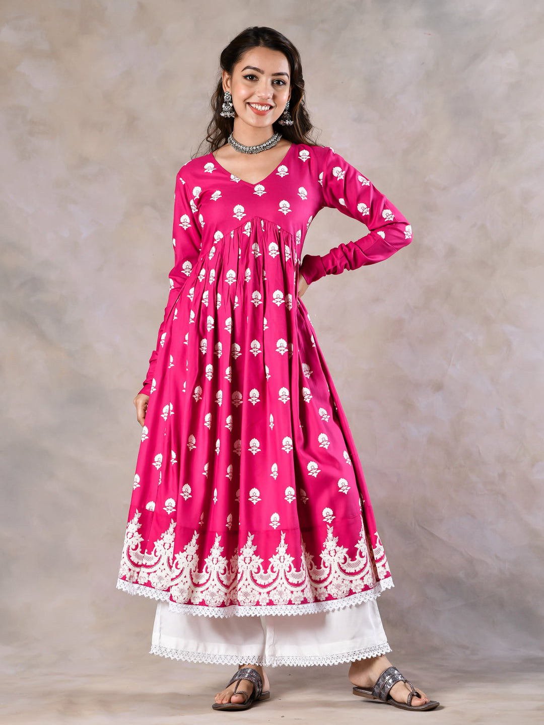 Pink-Viscose-Front-Gathered-V-Neckline-Kurta