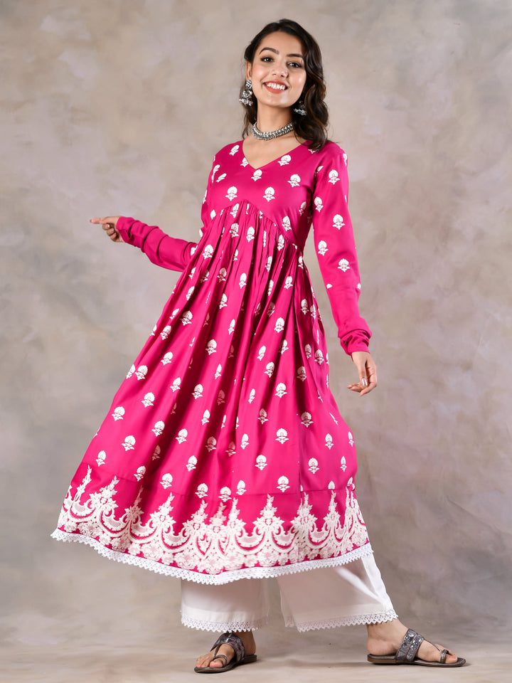 Pink-Viscose-Front-Gathered-V-Neckline-Kurta