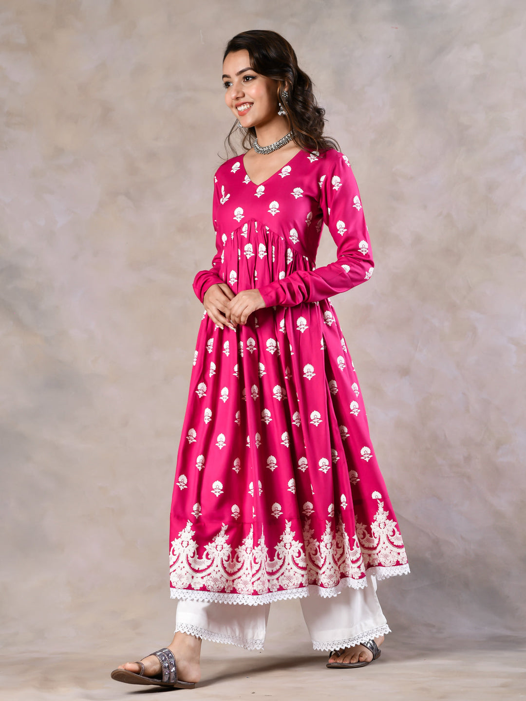 Pink-Viscose-Front-Gathered-V-Neckline-Kurta