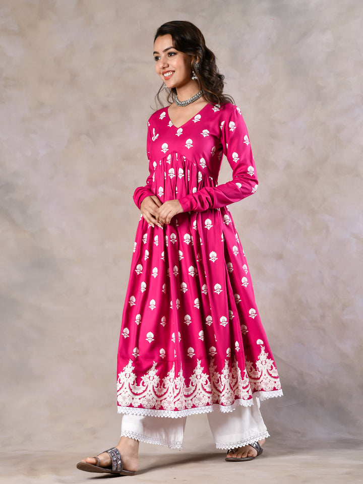 Pink-Viscose-Front-Gathered-V-Neckline-Kurta