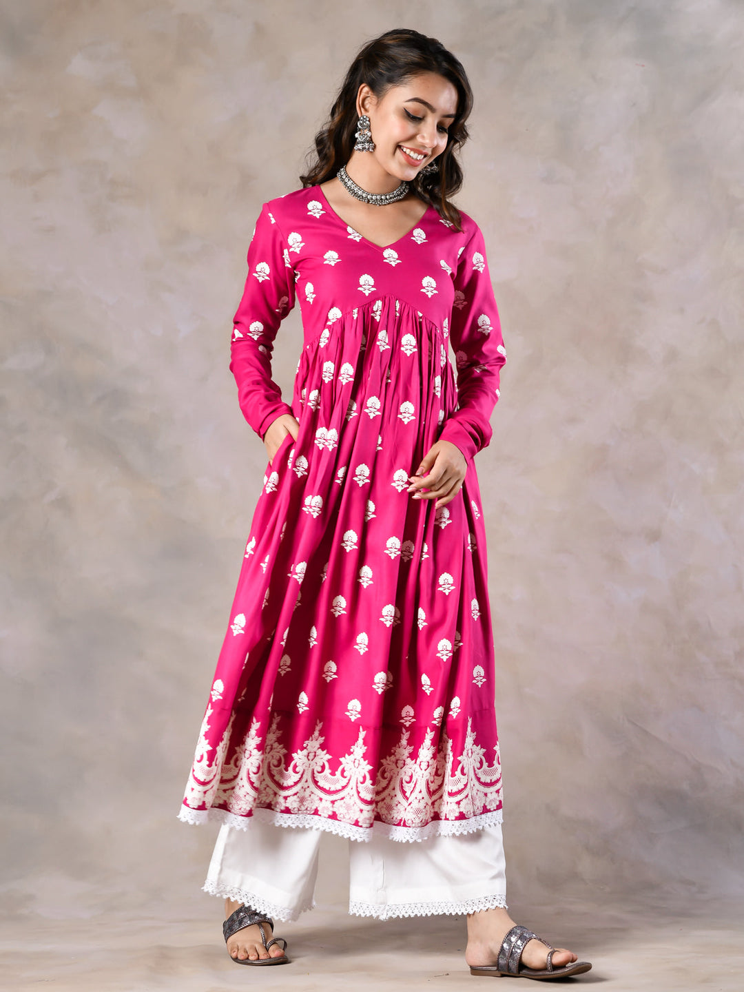 Pink-Viscose-Front-Gathered-V-Neckline-Kurta