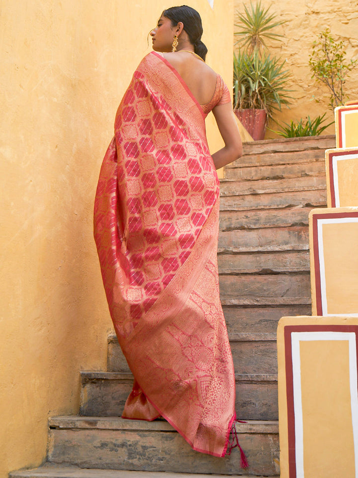 Pink Woven Ethnic Motifs Kanjeevaram Organza Festive Saree
