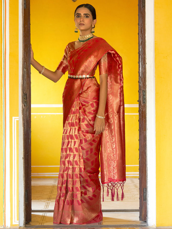 Pink Woven Geometric Design Kanjeevaram Organza Festive Saree