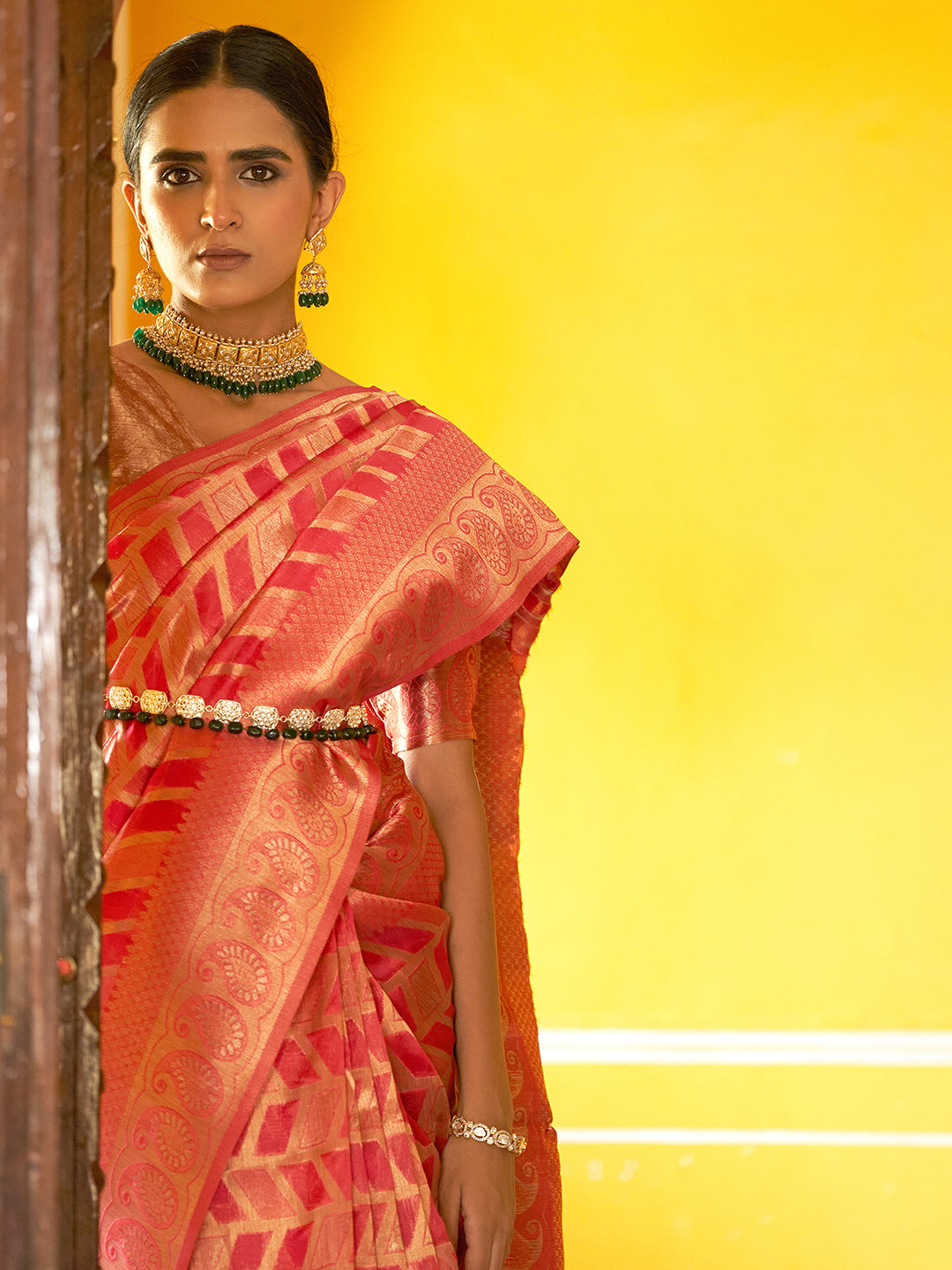 Pink Woven Geometric Design Kanjeevaram Organza Festive Saree