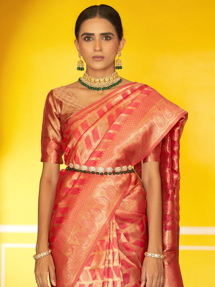 Pink Woven Geometric Design Kanjeevaram Organza Festive Saree