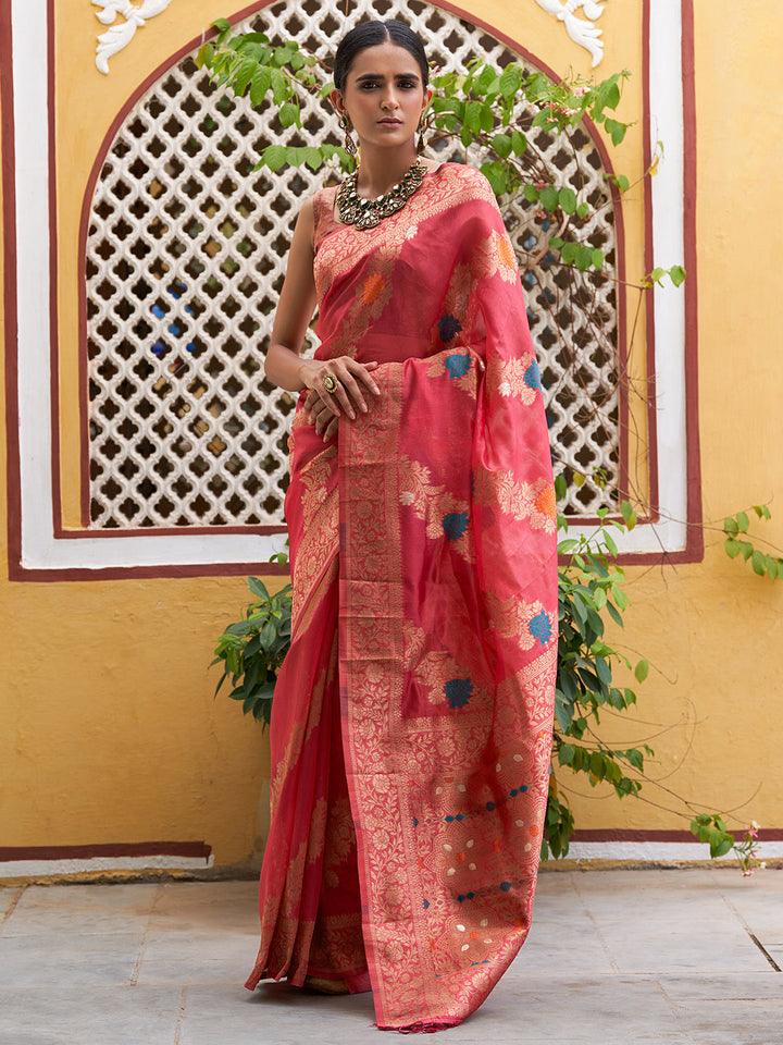 Pink Woven Leheriya Kanjeevaram Organza Festive Saree