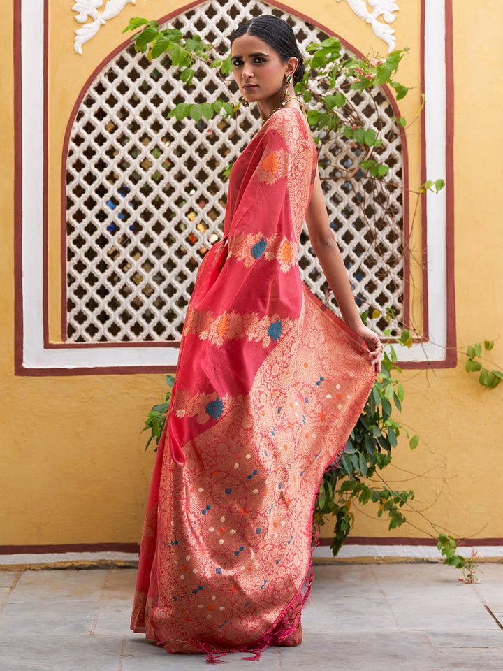 Pink Woven Leheriya Kanjeevaram Organza Festive Saree