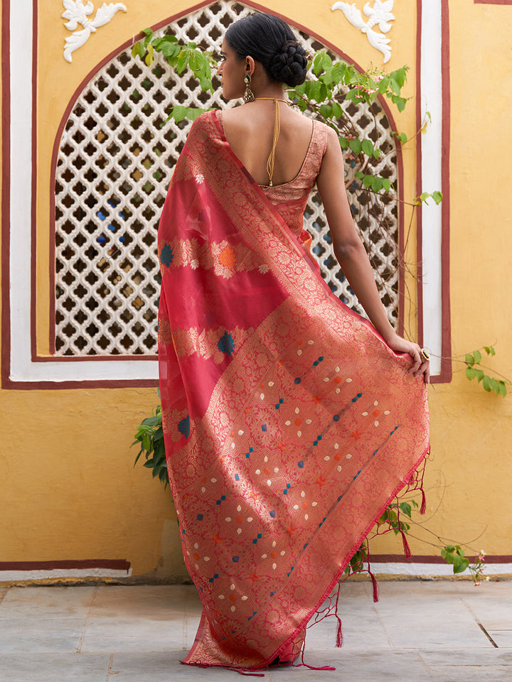 Pink Woven Leheriya Kanjeevaram Organza Festive Saree