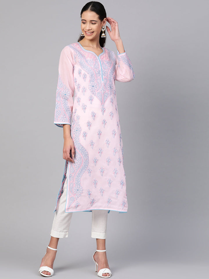 Pink & Blue Hand Embroidered Chikankari Cotton Kurta