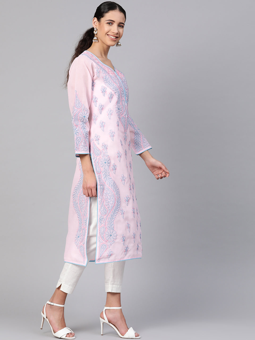 Pink & Blue Hand Embroidered Chikankari Cotton Kurta