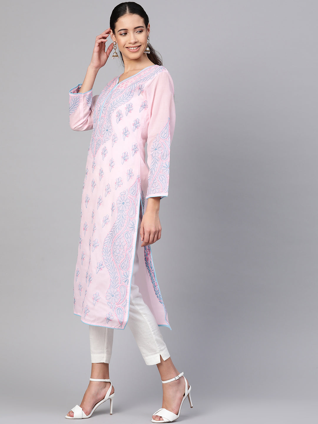 Pink & Blue Hand Embroidered Chikankari Cotton Kurta