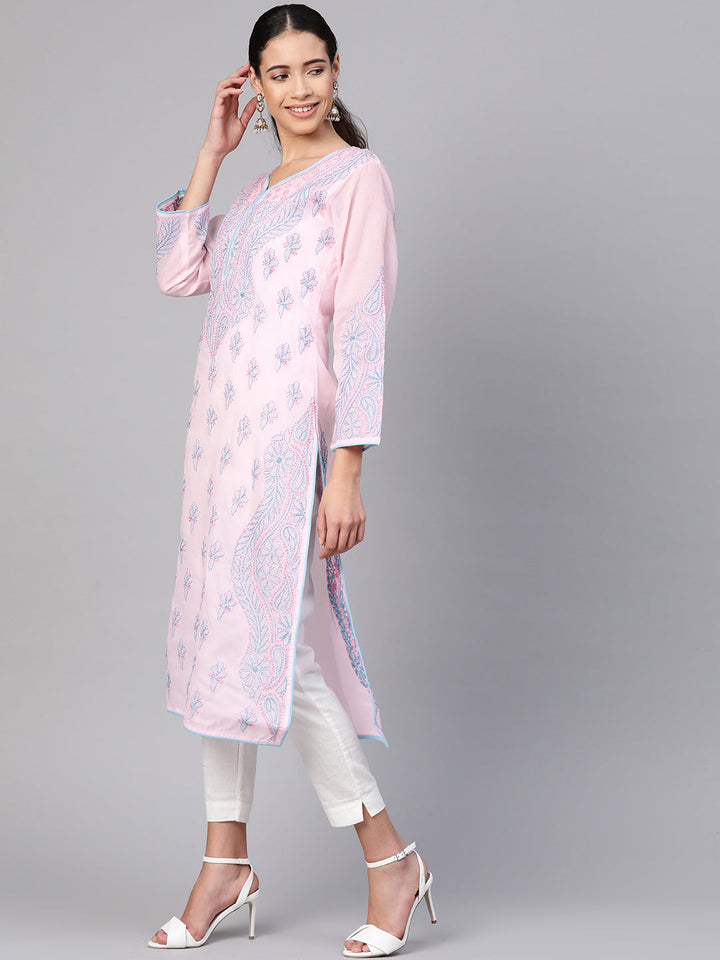 Pink & Blue Hand Embroidered Chikankari Cotton Kurta