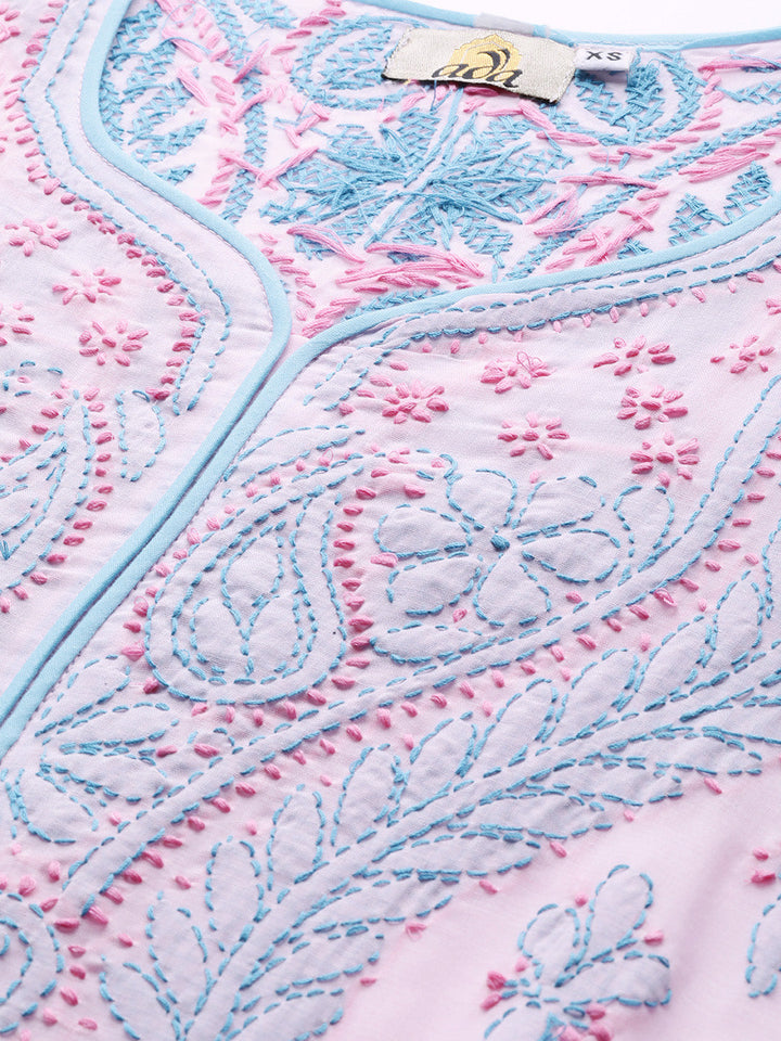 Pink & Blue Hand Embroidered Chikankari Cotton Kurta