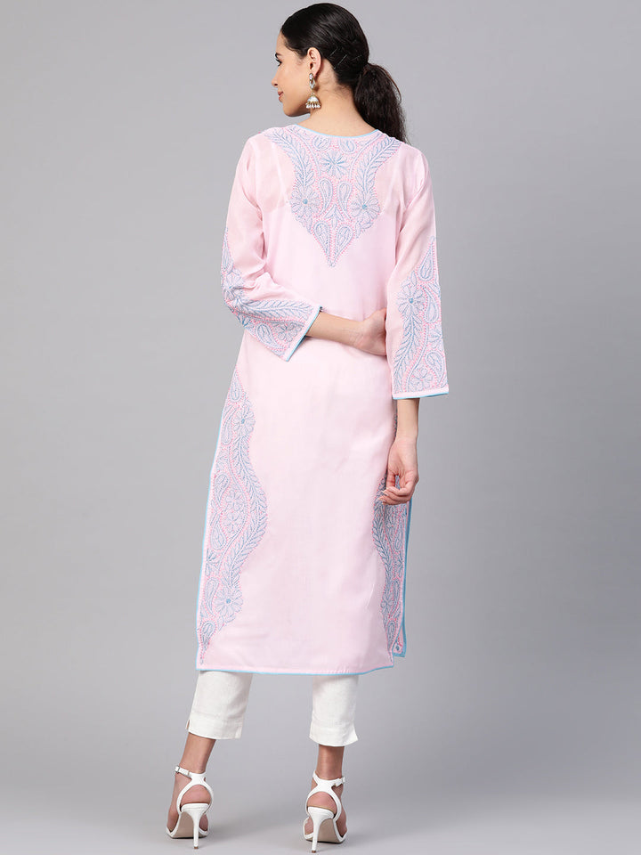 Pink & Blue Hand Embroidered Chikankari Cotton Kurta