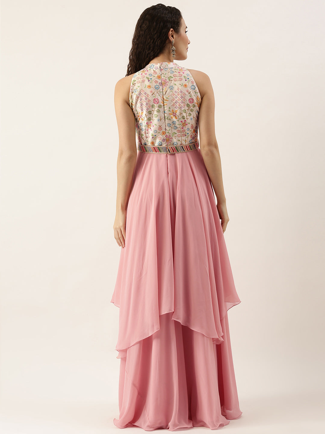 Pink & Off-White Embroidery Handkerchief Gown