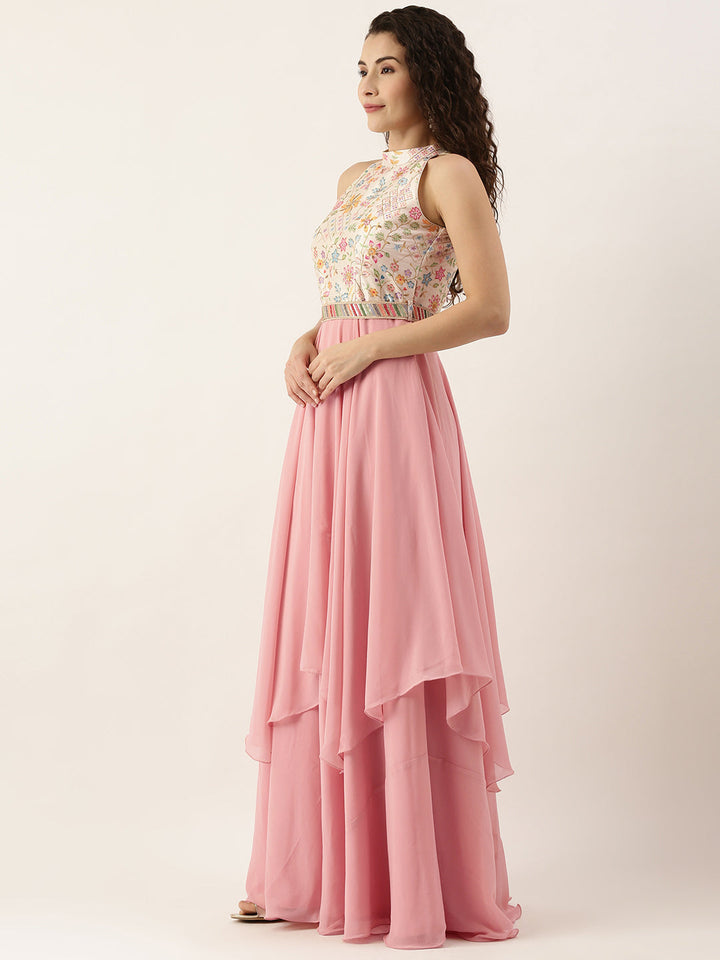 Pink & Off-White Embroidery Handkerchief Gown