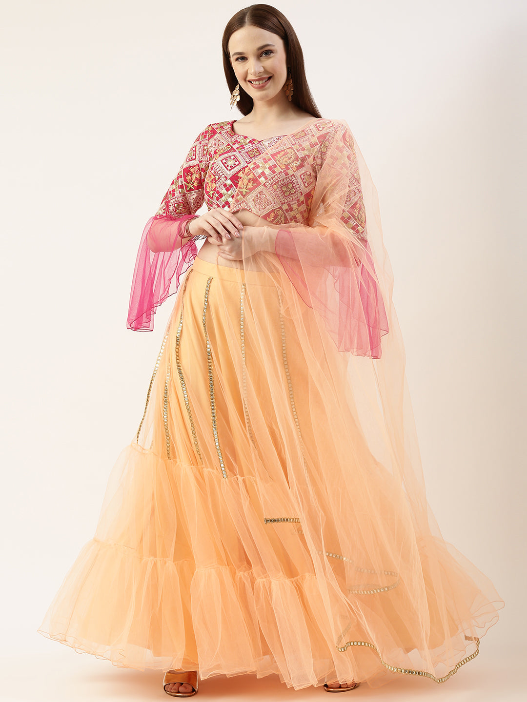 Pink & Orange Banjara Work Netted Lehenga Set