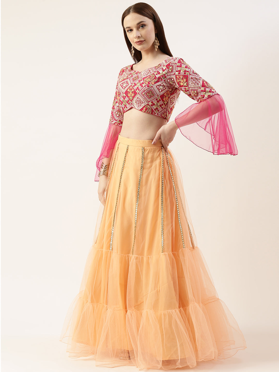 Pink & Orange Banjara Work Netted Lehenga Set