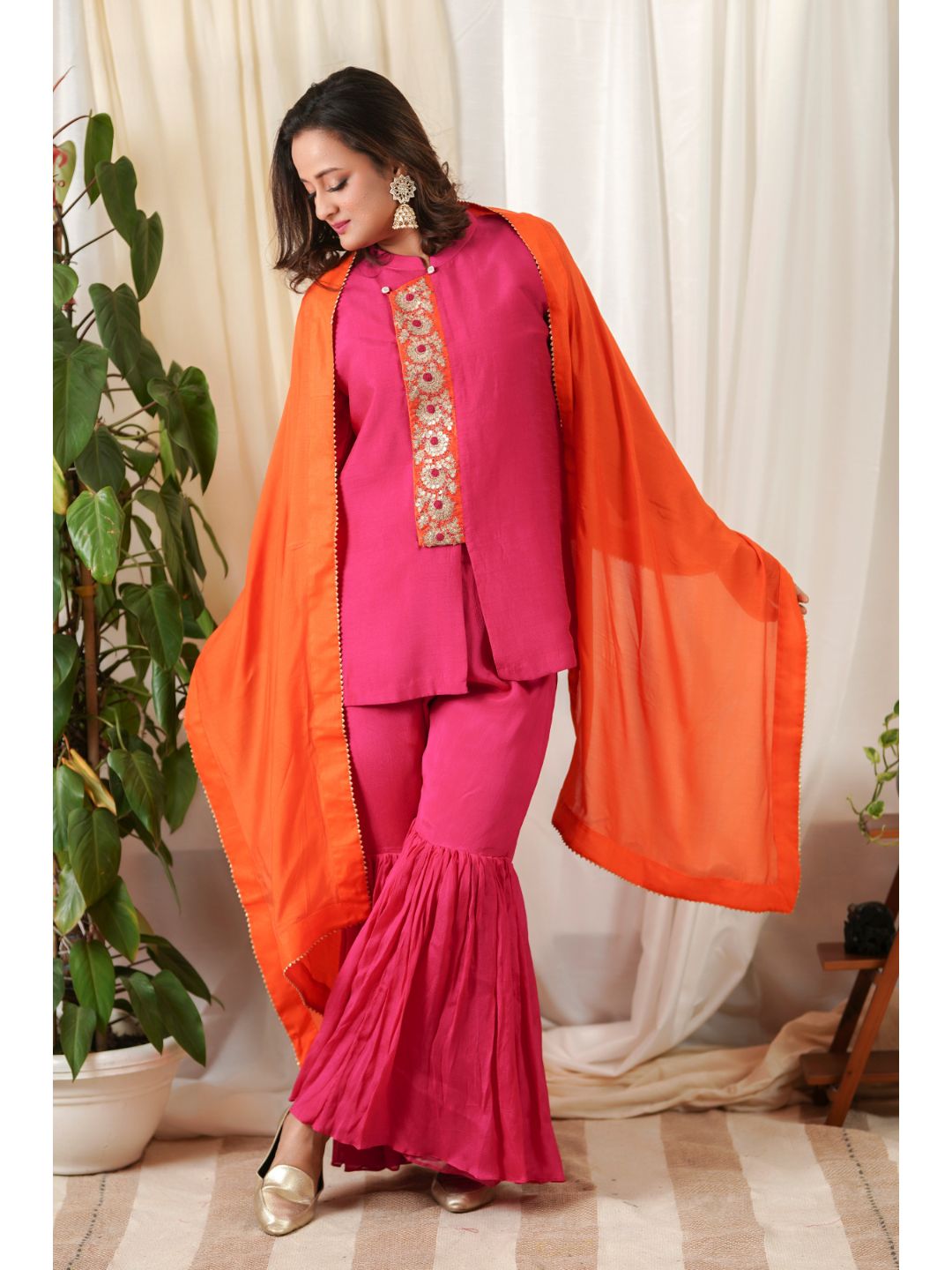 Pink & Orange Chinon Zardozi Garara Suit Set