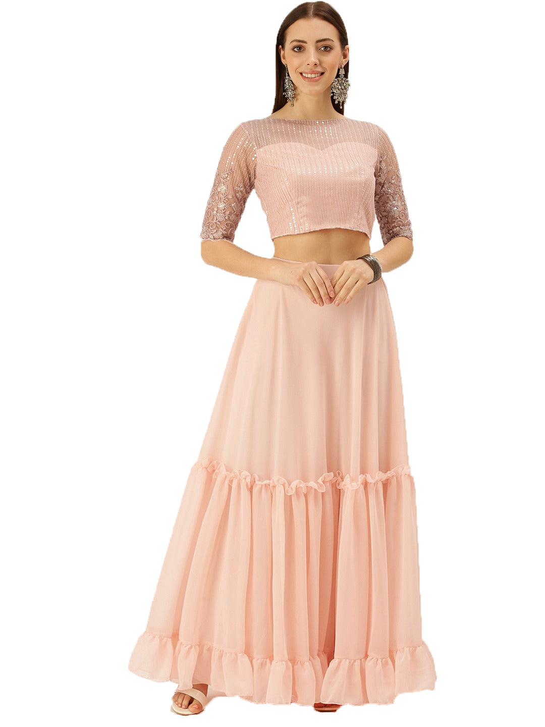 Pink-&-Peach-Embroidered-Crop-Top-&-Skirt