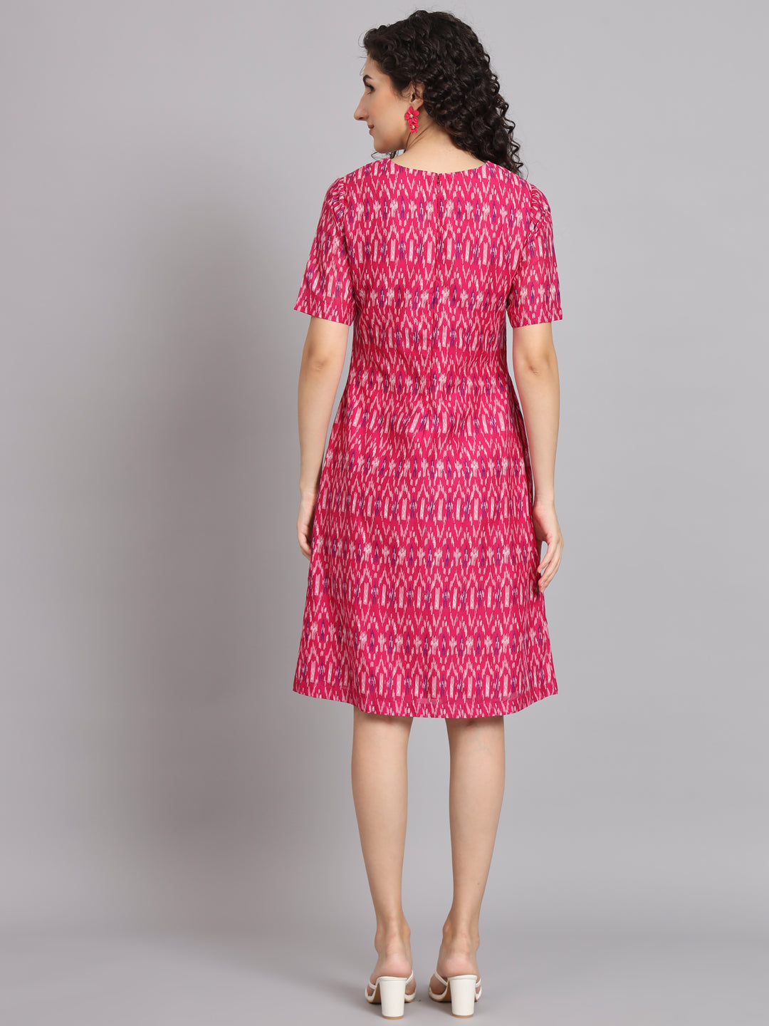 Pink & White Cotton A-Line Printed Dress