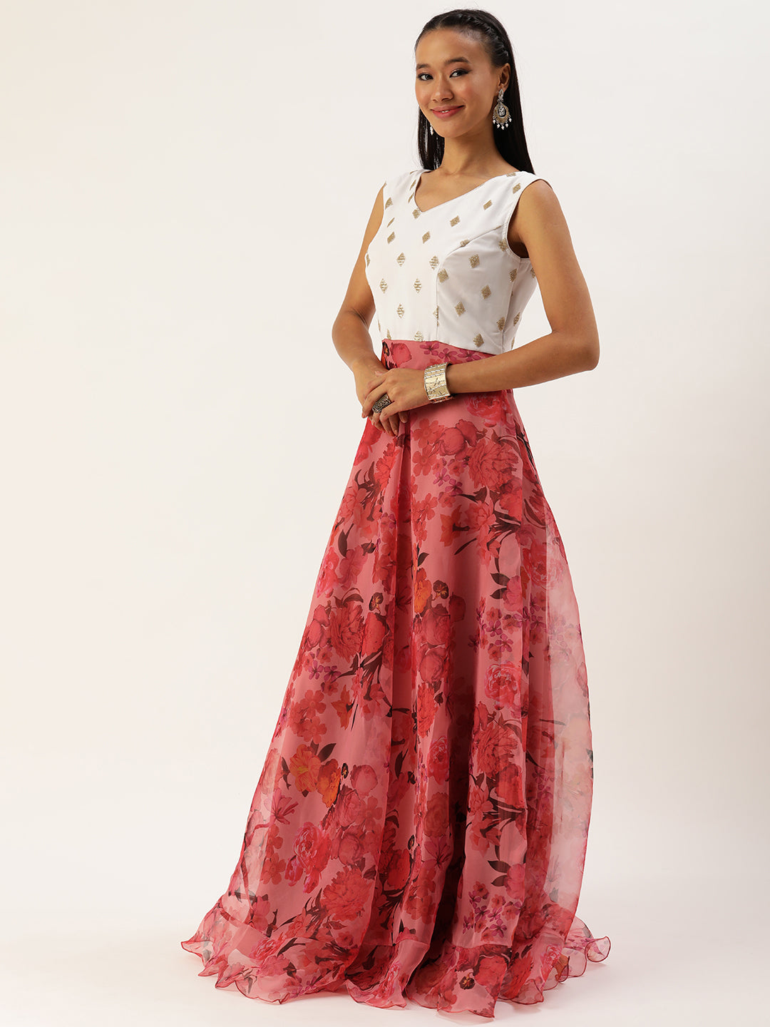 Pink & White Embroidered Floor Length Gown