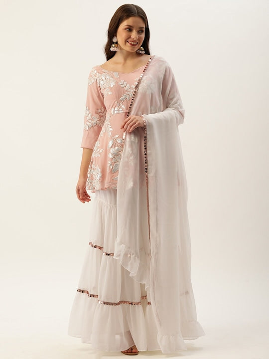 Pink & White Embroidered Georgette Sharara Set