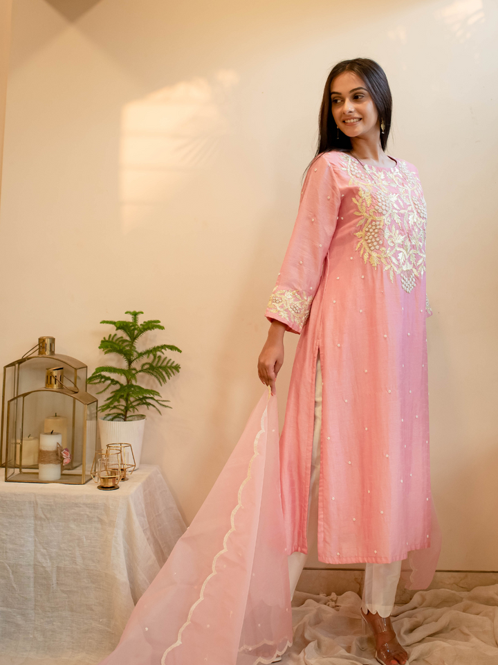 Pink-&-White-Silk-Kurta-Set-with-Gotta-&-Pearl-Zardozi-Work
