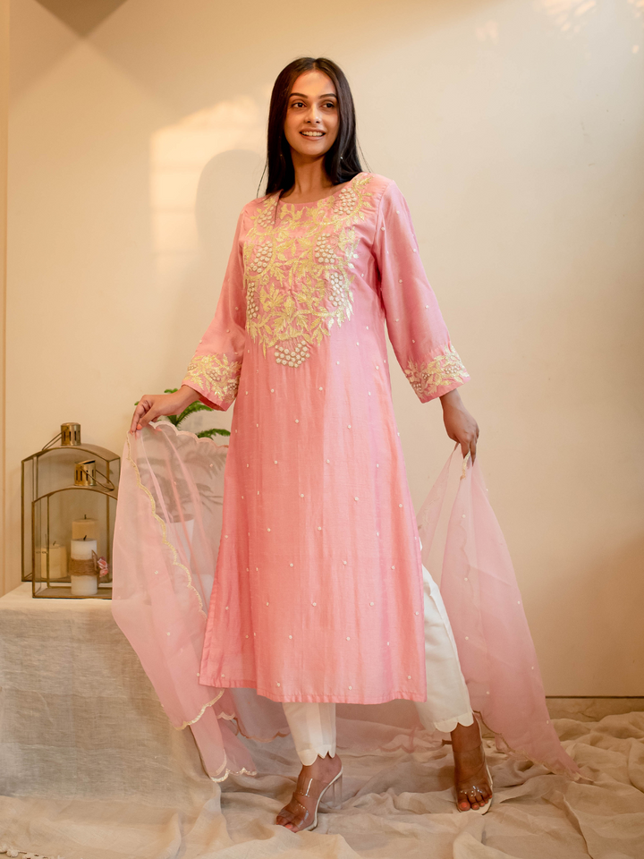 Pink-&-White-Silk-Kurta-Set-with-Gotta-&-Pearl-Zardozi-Work