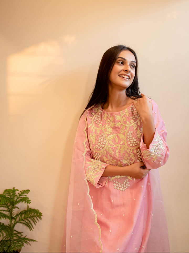 Pink-&-White-Silk-Kurta-Set-with-Gotta-&-Pearl-Zardozi-Work