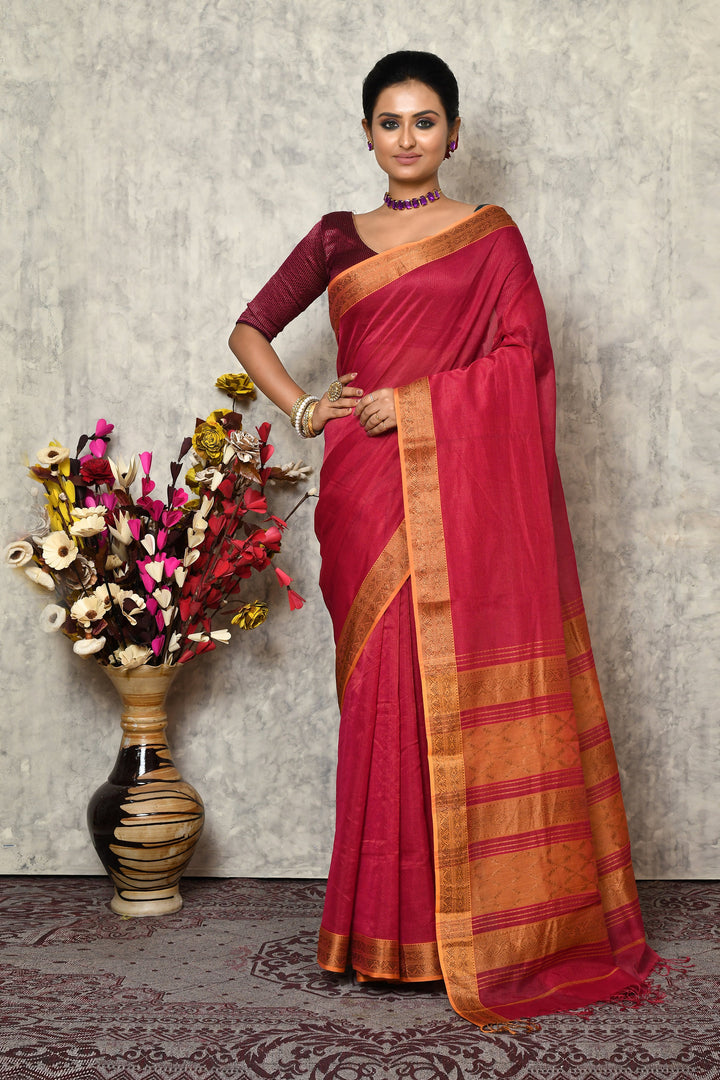 Pink & Yellow Maheshwari Silk Saree With Golden Stripes