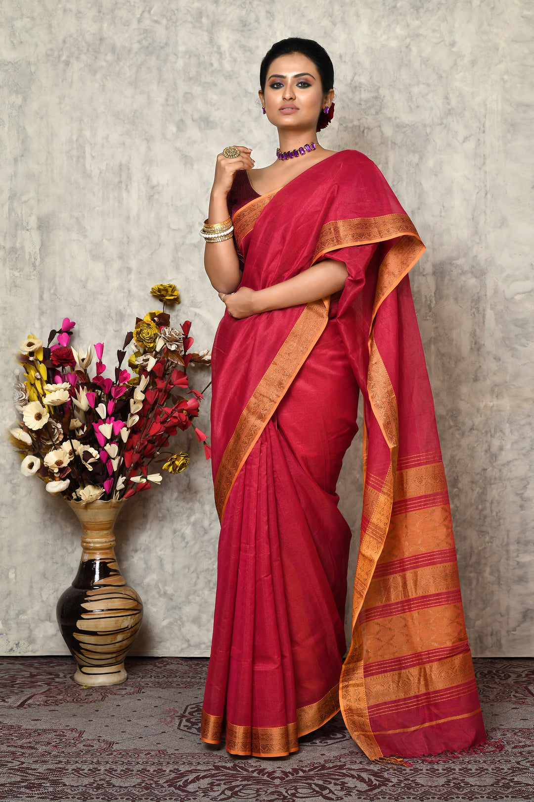 Pink & Yellow Maheshwari Silk Saree With Golden Stripes