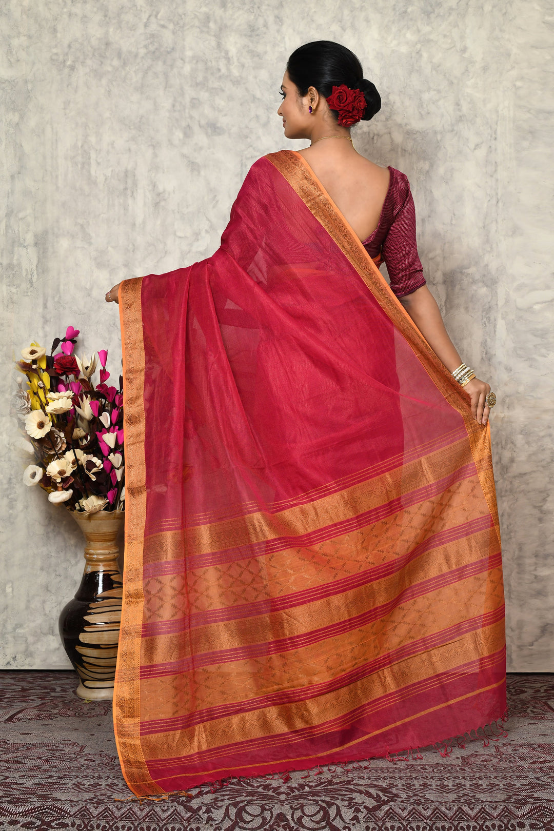 Pink & Yellow Maheshwari Silk Saree With Golden Stripes