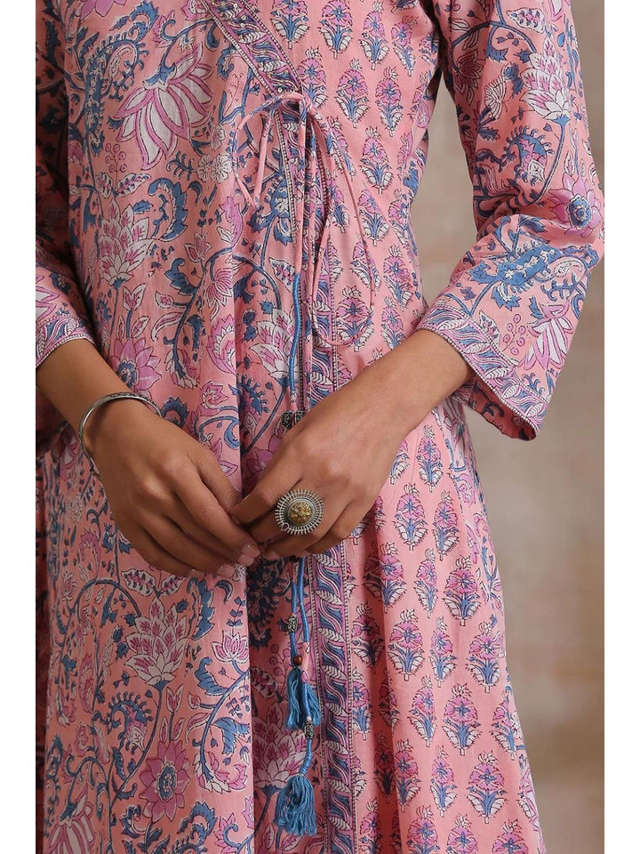 Pink-with-Blue-Hand-Block-Print-Angrakha-Kurta