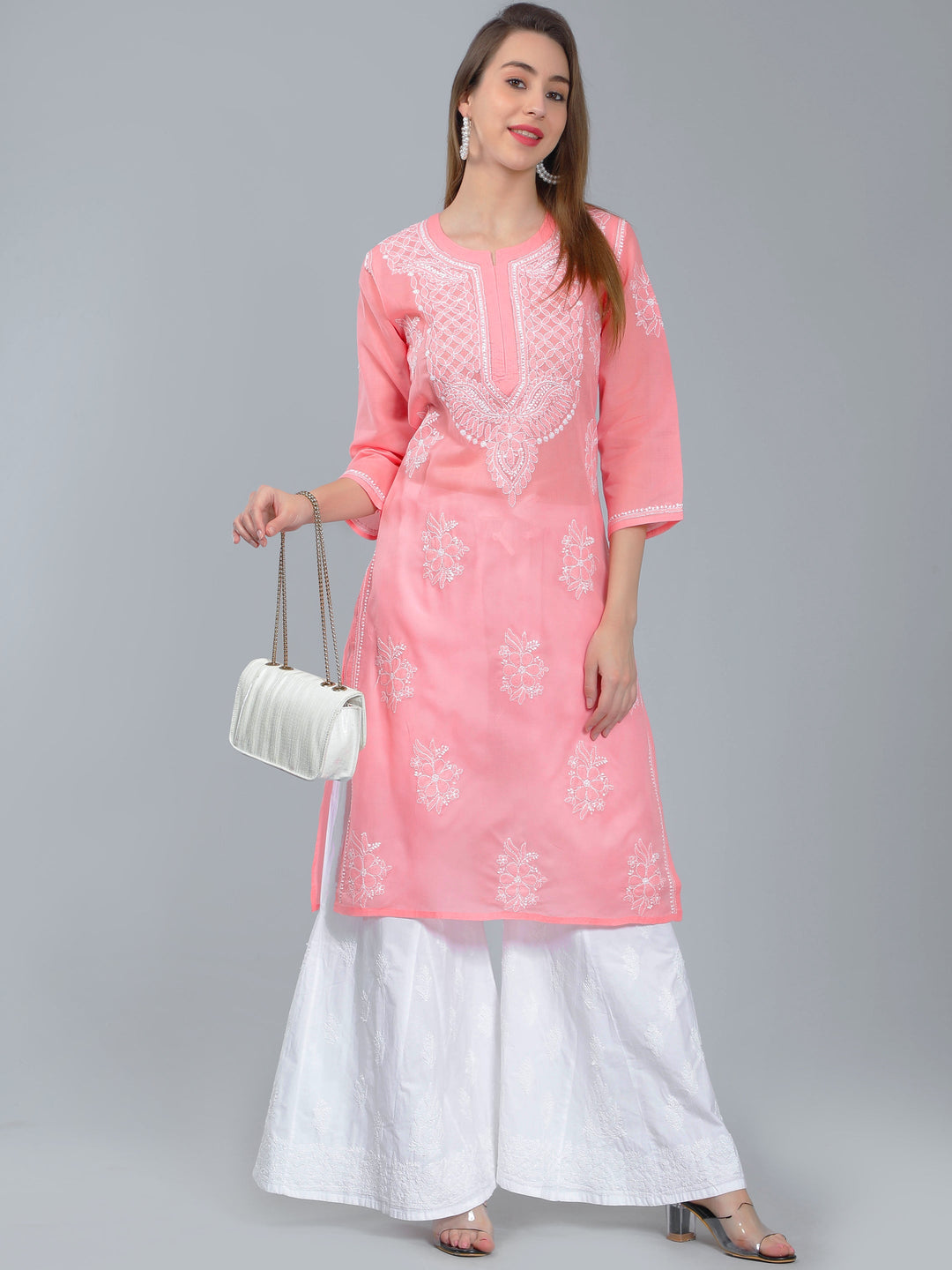 Pinkish-Peach-Terivoile-Cotton-Chikan-Kurta