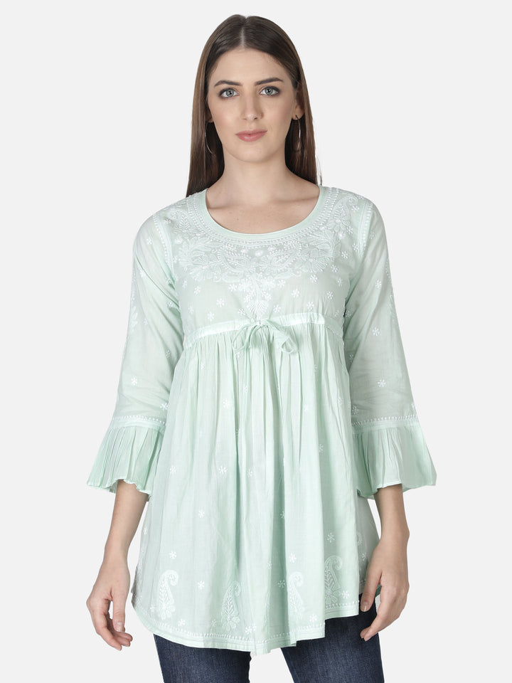 Pista Green Ghaspatti-Phanda Chikankari Tunic Top