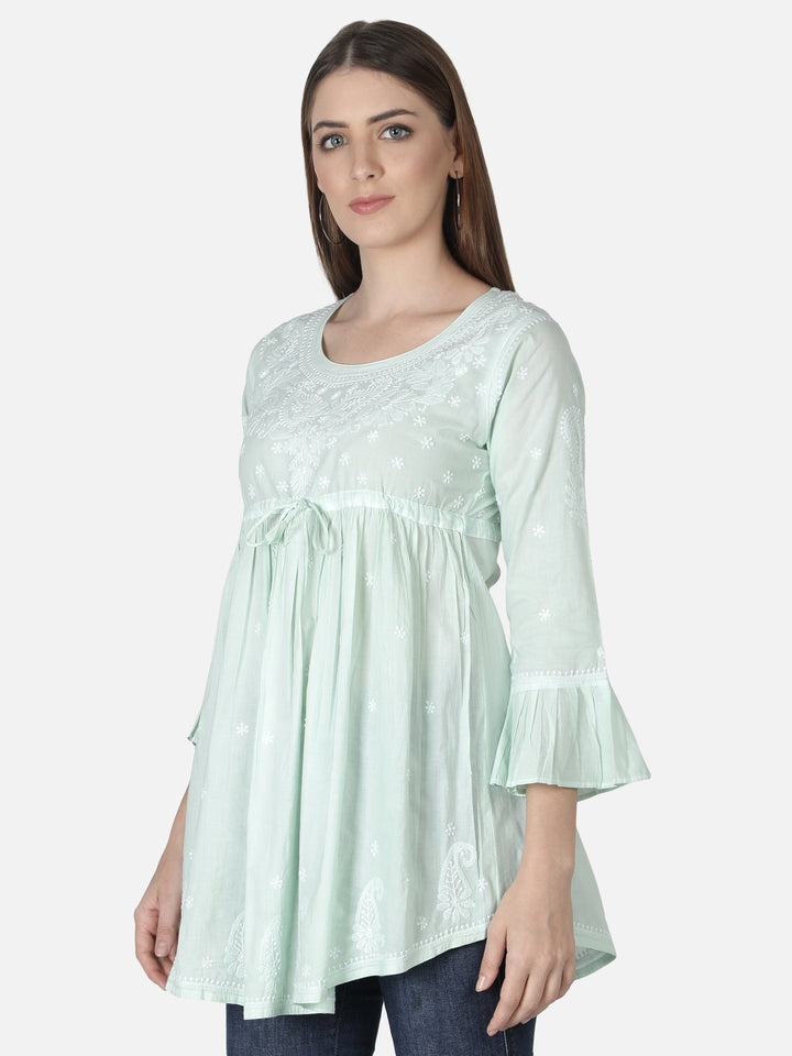 Pista Green Ghaspatti-Phanda Chikankari Tunic Top