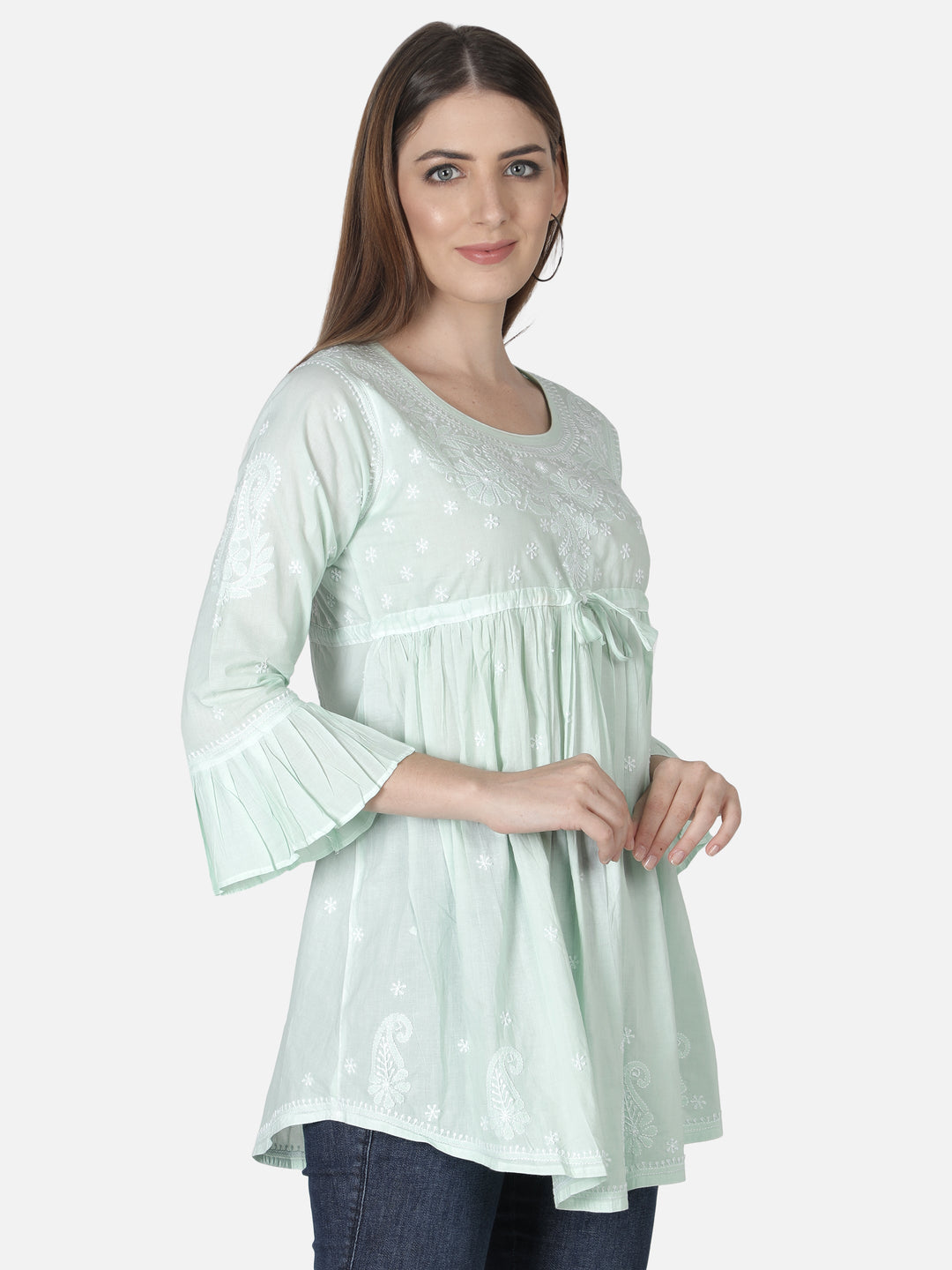 Pista Green Ghaspatti-Phanda Chikankari Tunic Top