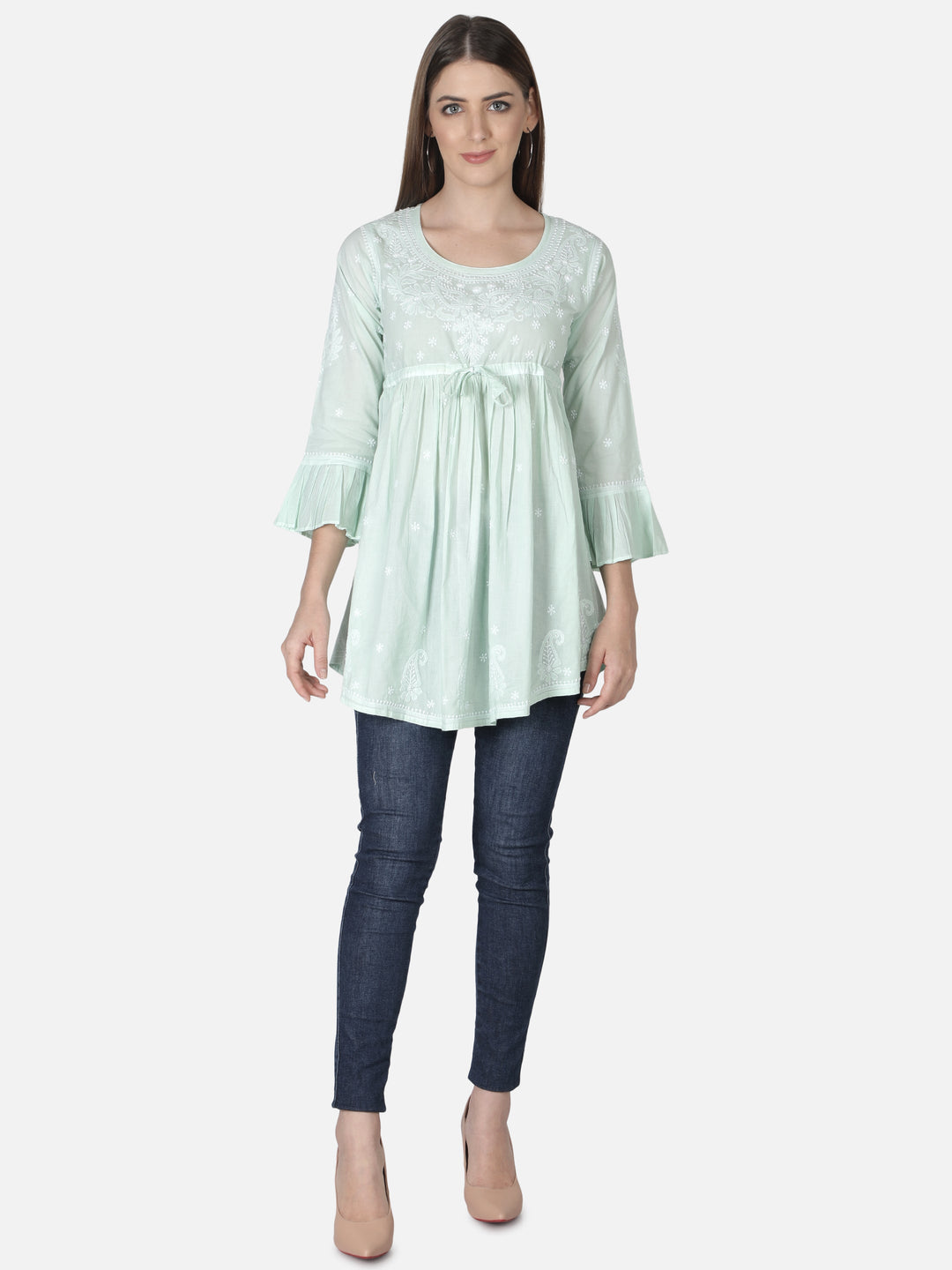 Pista Green Ghaspatti-Phanda Chikankari Tunic Top