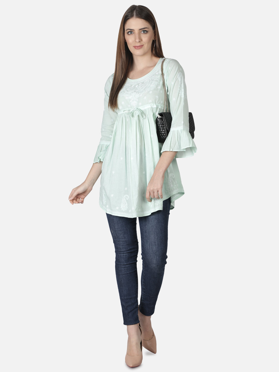 Pista Green Ghaspatti-Phanda Chikankari Tunic Top