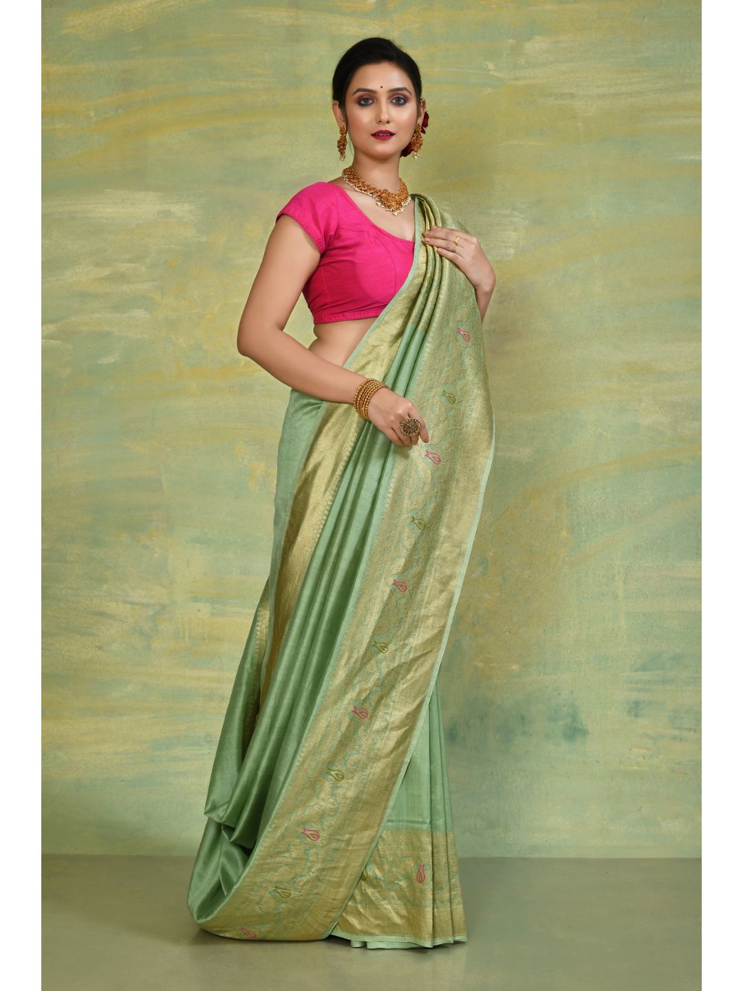 Pista Green & Gold Munga Silk Banarasi Saree