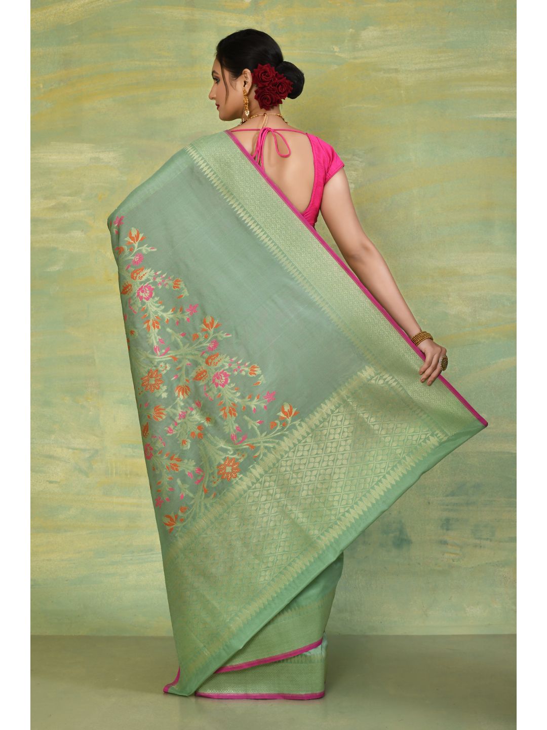 Pista Green & Pink Soft Silk Banarasi Saree