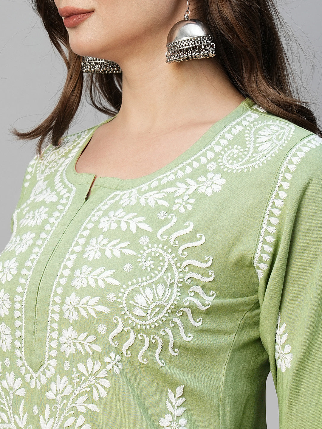 Pista Green & White Rayon Artisan Embroidered Chikankari Kurta