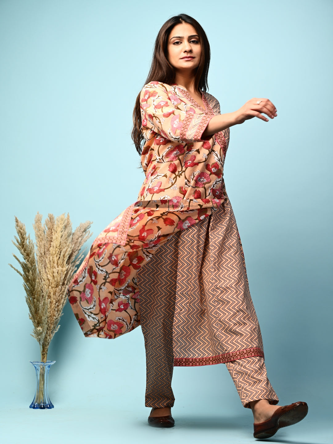 Poppy Peach Wrap Kurta Pant Set