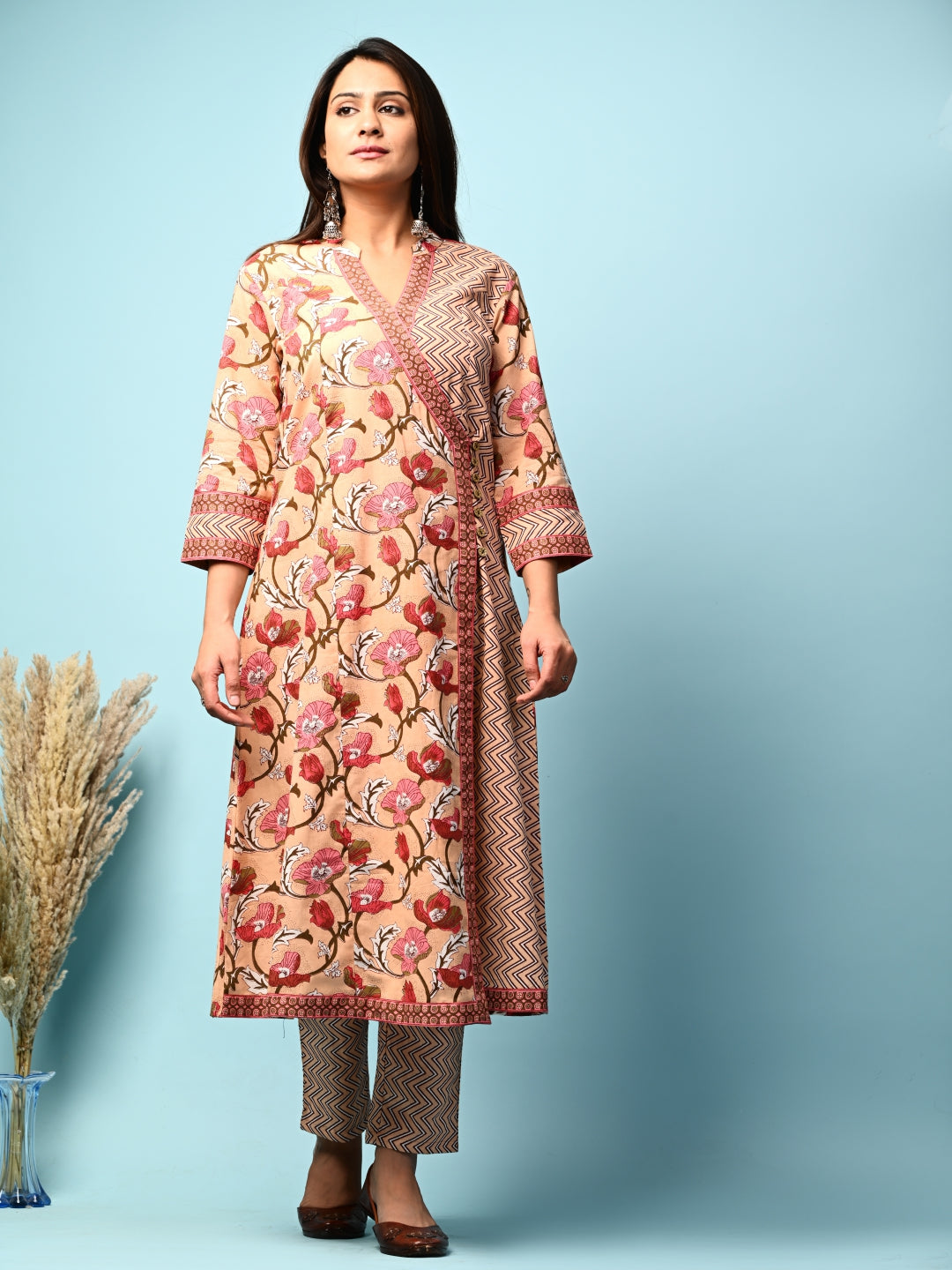 Poppy Peach Wrap Kurta Pant Set